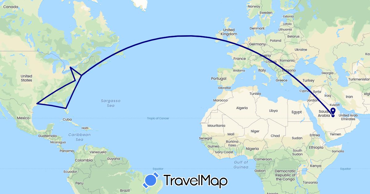 TravelMap itinerary: driving in Canada, Saudi Arabia, United States (Asia, North America)